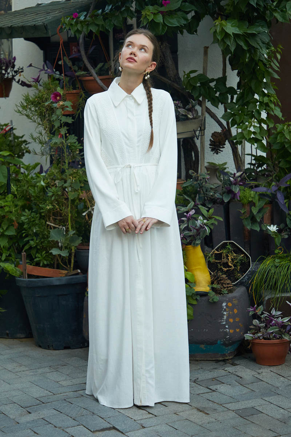 Gizli Düğmeli Dantelli Elbise Beyaz - 5