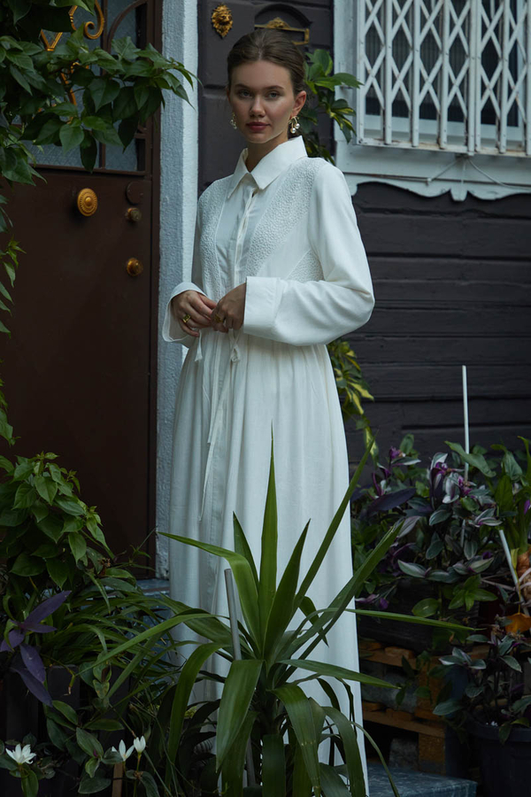 Gizli Düğmeli Dantelli Elbise Beyaz - 6