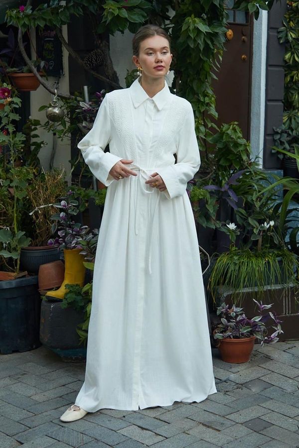 Gizli Düğmeli Dantelli Elbise Beyaz - 7