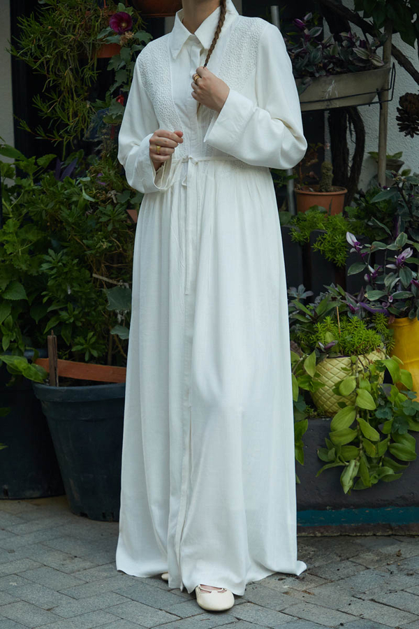 Gizli Düğmeli Dantelli Elbise Beyaz - 4