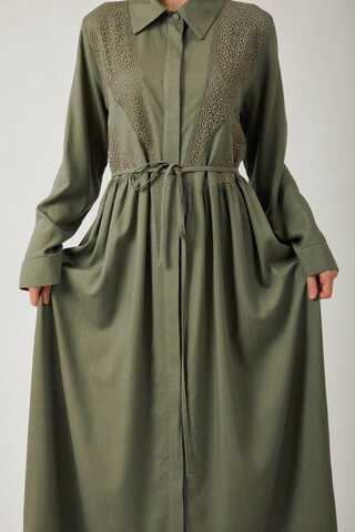 Gizli Düğmeli Dantelli Elbise Haki - 4