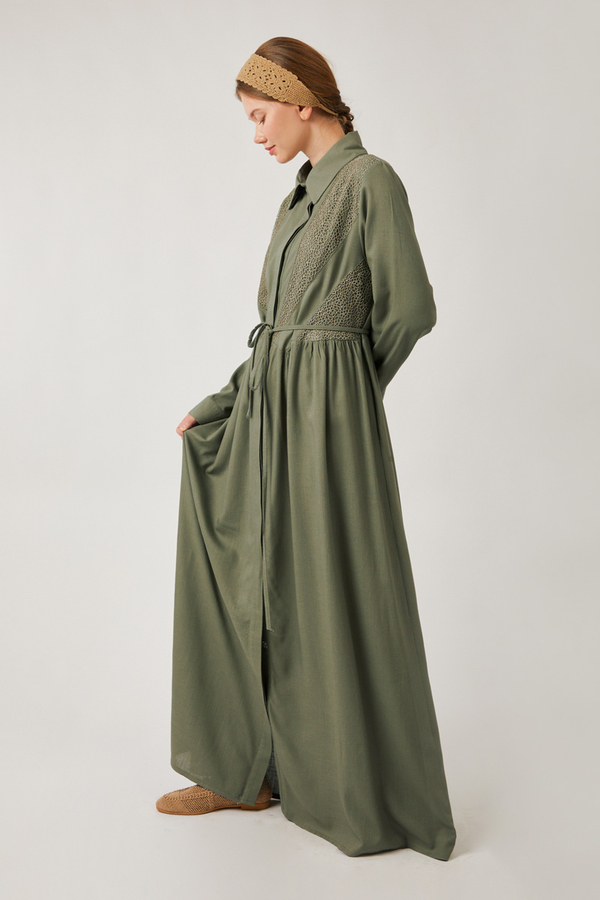 Gizli Düğmeli Dantelli Elbise Haki - 5