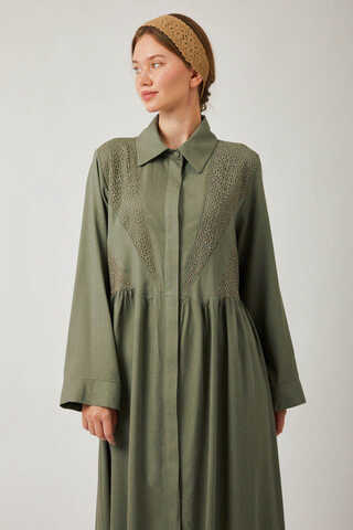 Gizli Düğmeli Dantelli Elbise Haki - 6