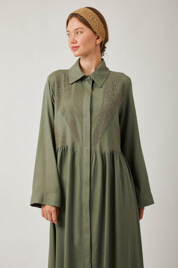 Gizli Düğmeli Dantelli Elbise Haki - 6