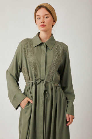 Gizli Düğmeli Dantelli Elbise Haki - 8