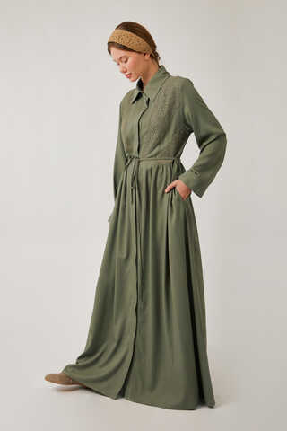 Gizli Düğmeli Dantelli Elbise Haki - 9