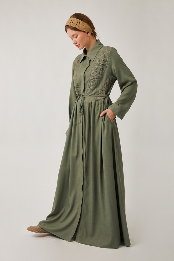 Gizli Düğmeli Dantelli Elbise Haki - 9