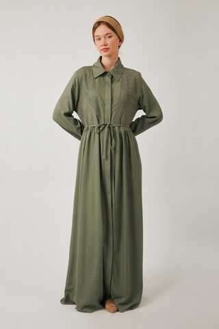 Gizli Düğmeli Dantelli Elbise Haki - 7