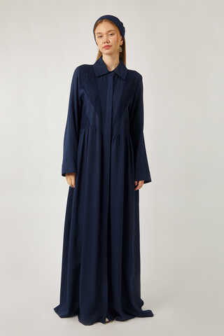 Gizli Düğmeli Dantelli Elbise Lacivert - 7