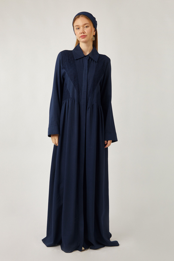 Gizli Düğmeli Dantelli Elbise Lacivert - 7