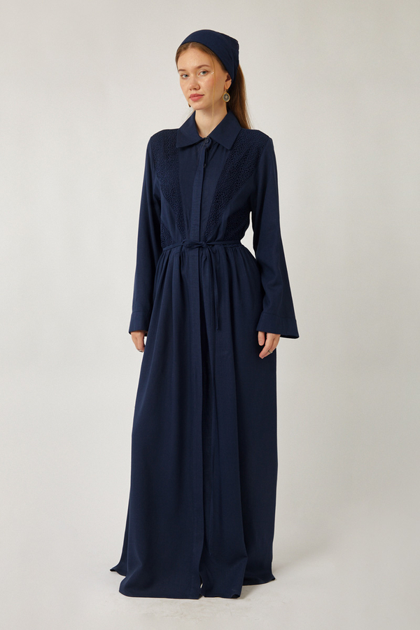 Gizli Düğmeli Dantelli Elbise Lacivert - 5