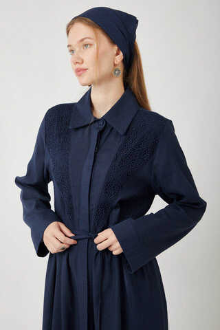 Gizli Düğmeli Dantelli Elbise Lacivert - 6