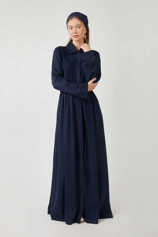 Gizli Düğmeli Dantelli Elbise Lacivert - 3