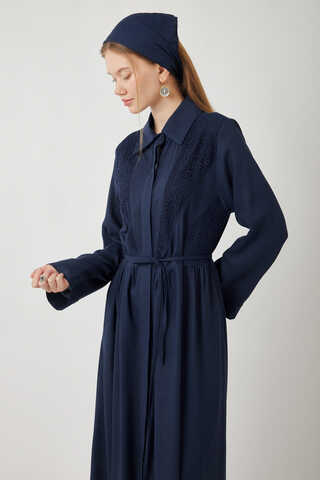 Gizli Düğmeli Dantelli Elbise Lacivert - 8