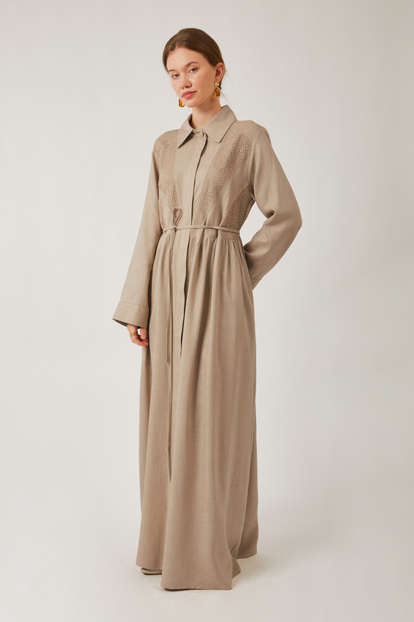 Gizli Düğmeli Dantelli Elbise Taş - 3