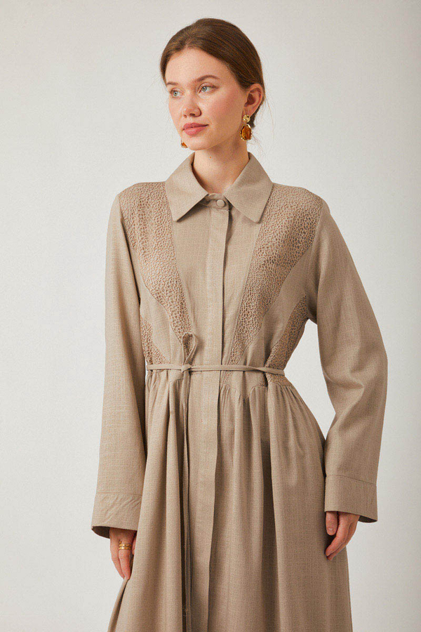 Gizli Düğmeli Dantelli Elbise Taş - 6