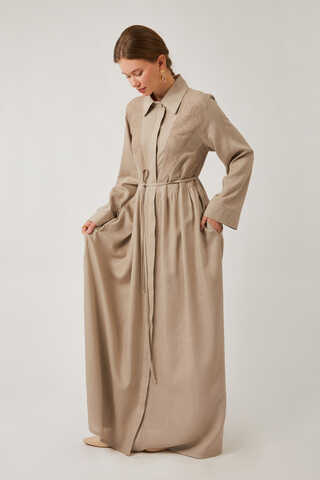 Gizli Düğmeli Dantelli Elbise Taş - 5