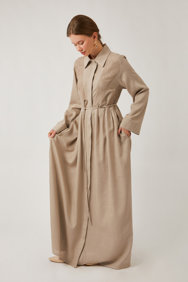 Gizli Düğmeli Dantelli Elbise Taş - 5