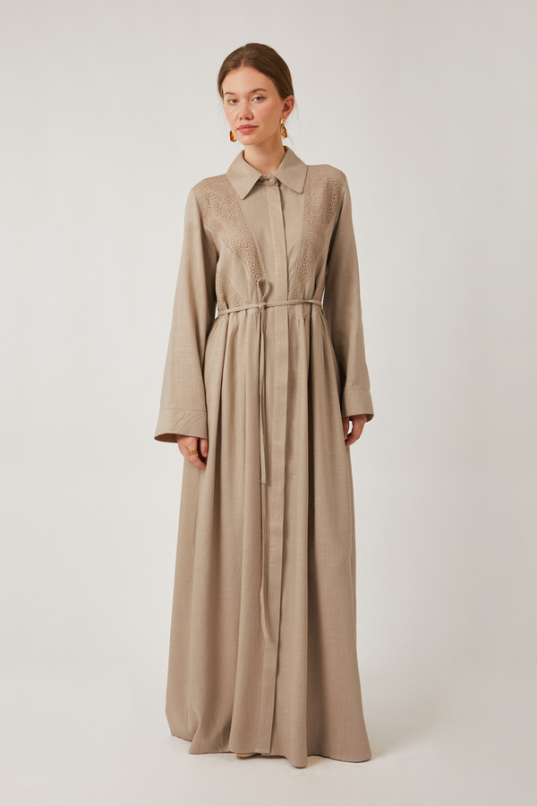 Gizli Düğmeli Dantelli Elbise Taş - 2