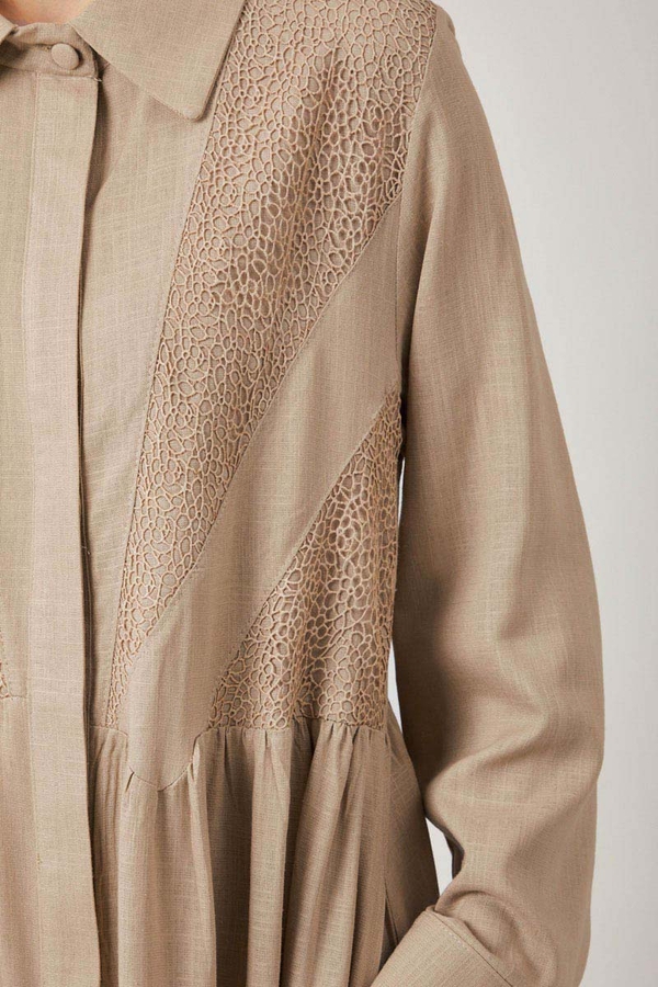 Gizli Düğmeli Dantelli Elbise Taş - 4