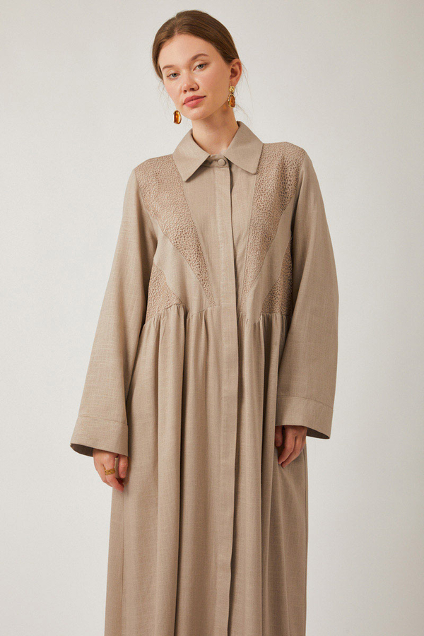 Gizli Düğmeli Dantelli Elbise Taş - 8