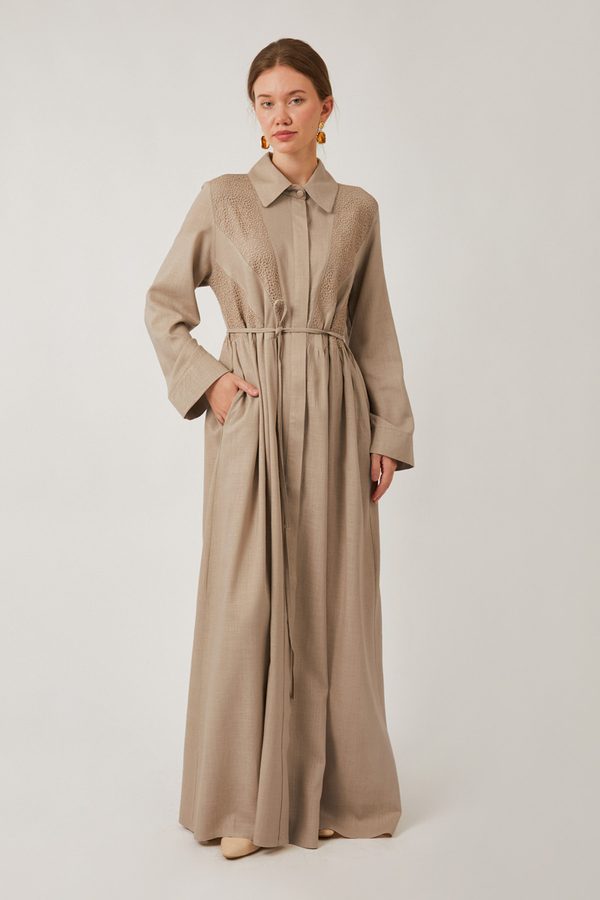 Gizli Düğmeli Dantelli Elbise Taş - 7