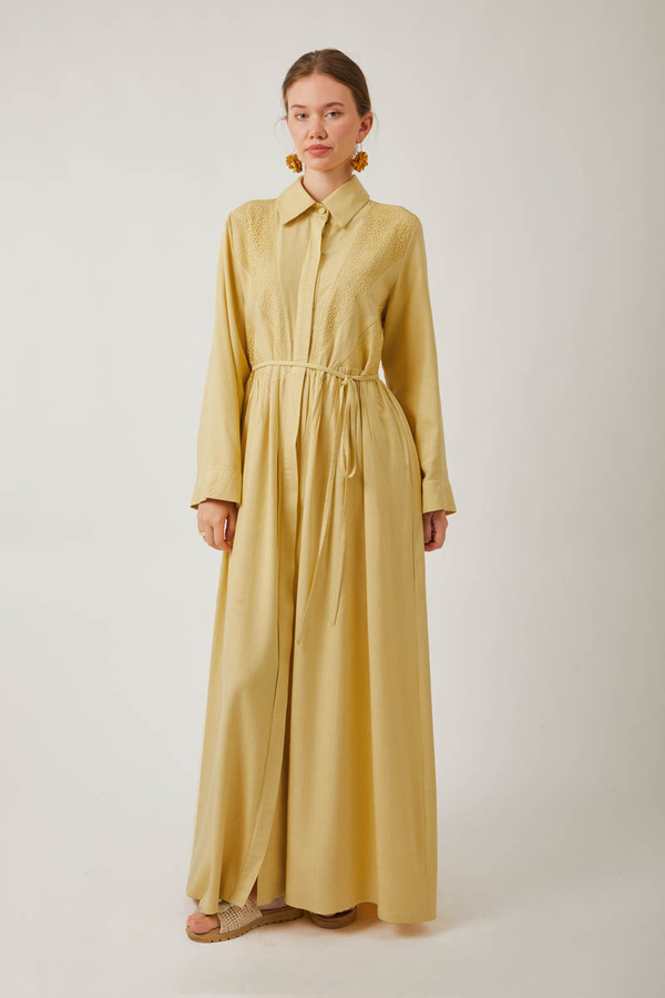 Gizli Düğmeli Dantelli Elbise Tereyağı Sarısı - 7