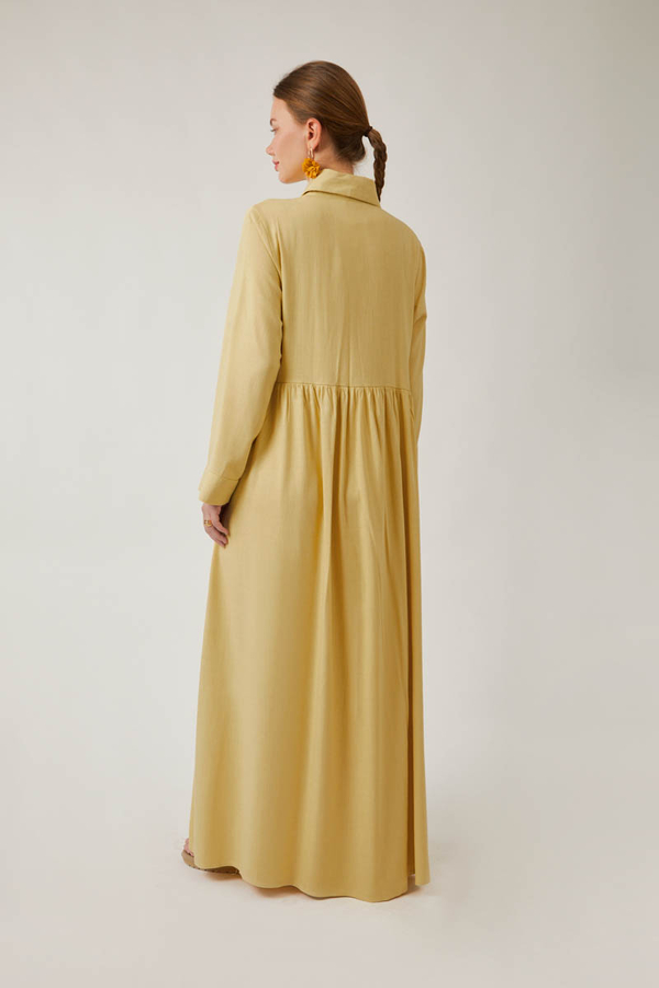 Gizli Düğmeli Dantelli Elbise Tereyağı Sarısı - 10