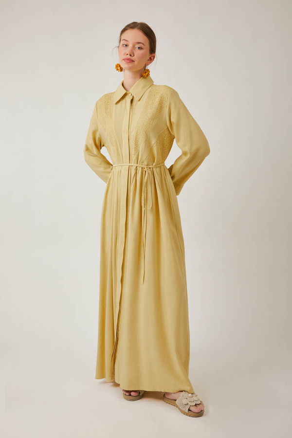 Gizli Düğmeli Dantelli Elbise Tereyağı Sarısı - 9