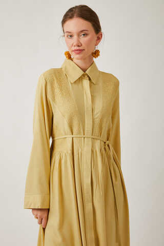 Gizli Düğmeli Dantelli Elbise Tereyağı Sarısı - 6