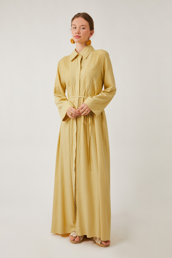 Gizli Düğmeli Dantelli Elbise Tereyağı Sarısı - 5