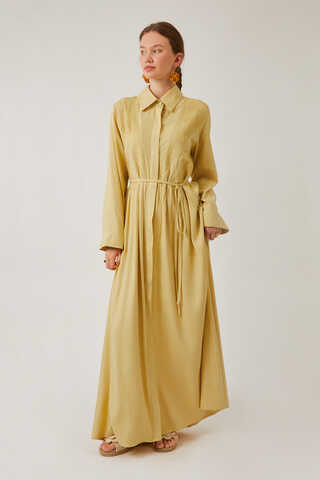 Gizli Düğmeli Dantelli Elbise Tereyağı Sarısı - 8