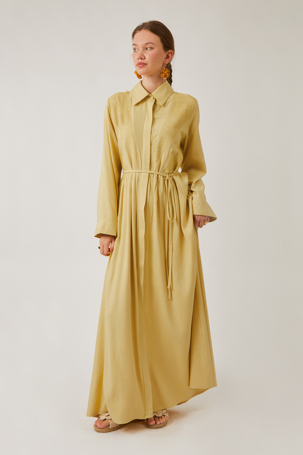 Gizli Düğmeli Dantelli Elbise Tereyağı Sarısı - 8