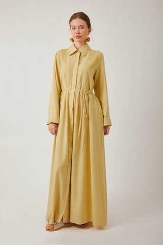 Gizli Düğmeli Dantelli Elbise Tereyağı Sarısı - 7