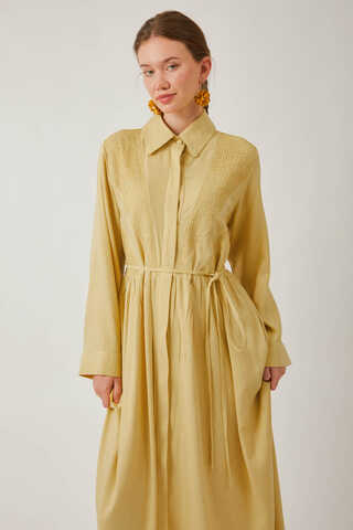 Gizli Düğmeli Dantelli Elbise Tereyağı Sarısı - 2