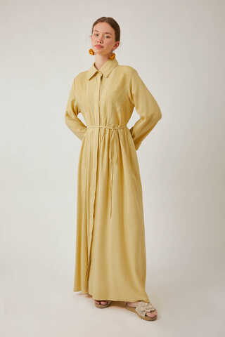 Gizli Düğmeli Dantelli Elbise Tereyağı Sarısı - 9