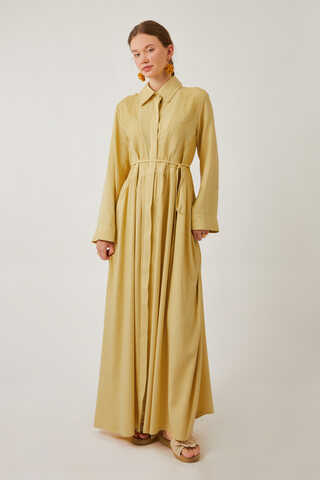 Gizli Düğmeli Dantelli Elbise Tereyağı Sarısı - 1