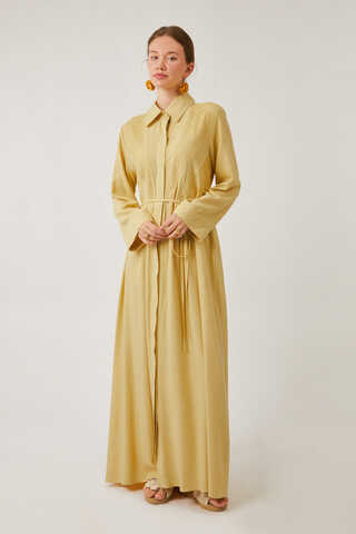 Gizli Düğmeli Dantelli Elbise Tereyağı Sarısı - 5