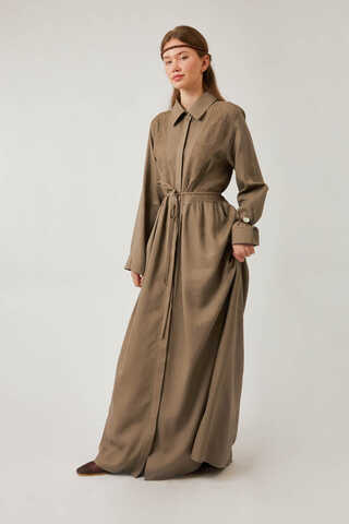 Gizli Düğmeli Dantelli Elbise Vizon - 3