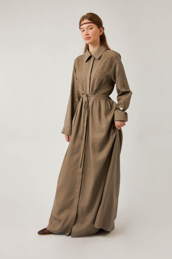 Gizli Düğmeli Dantelli Elbise Vizon - 3