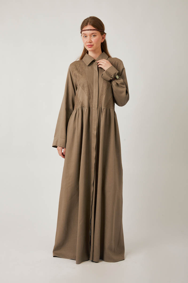 Gizli Düğmeli Dantelli Elbise Vizon - 4