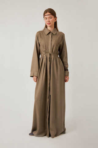 Gizli Düğmeli Dantelli Elbise Vizon - 5