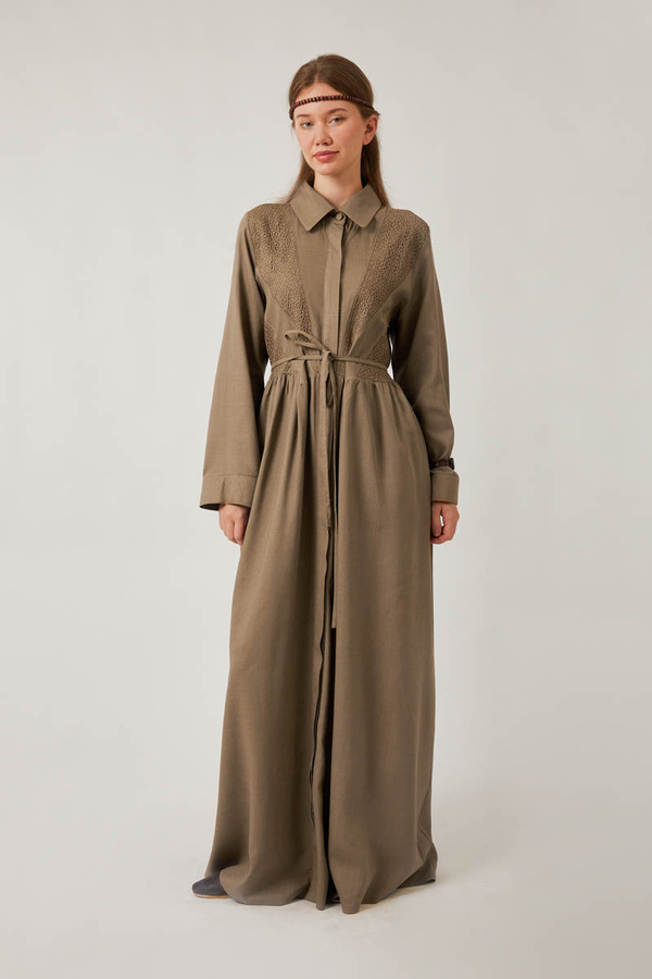 Gizli Düğmeli Dantelli Elbise Vizon - 5