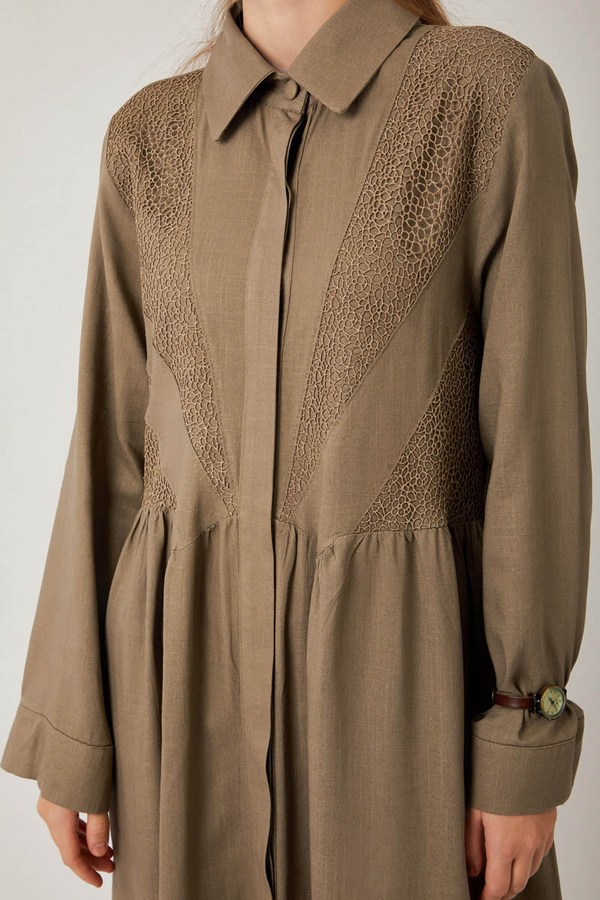 Gizli Düğmeli Dantelli Elbise Vizon - 6