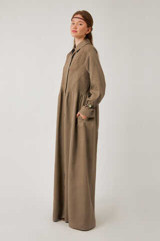 Gizli Düğmeli Dantelli Elbise Vizon - 9