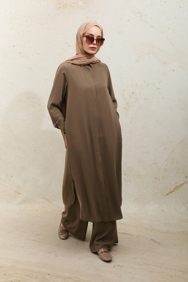 Medine İpeği Tunik Takım Kahverengi - 3