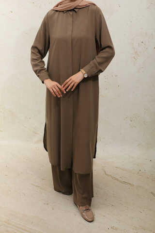 Medine İpeği Tunik Takım Kahverengi - 5