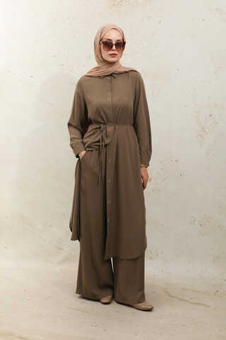 Medine İpeği Tunik Takım Kahverengi - 1