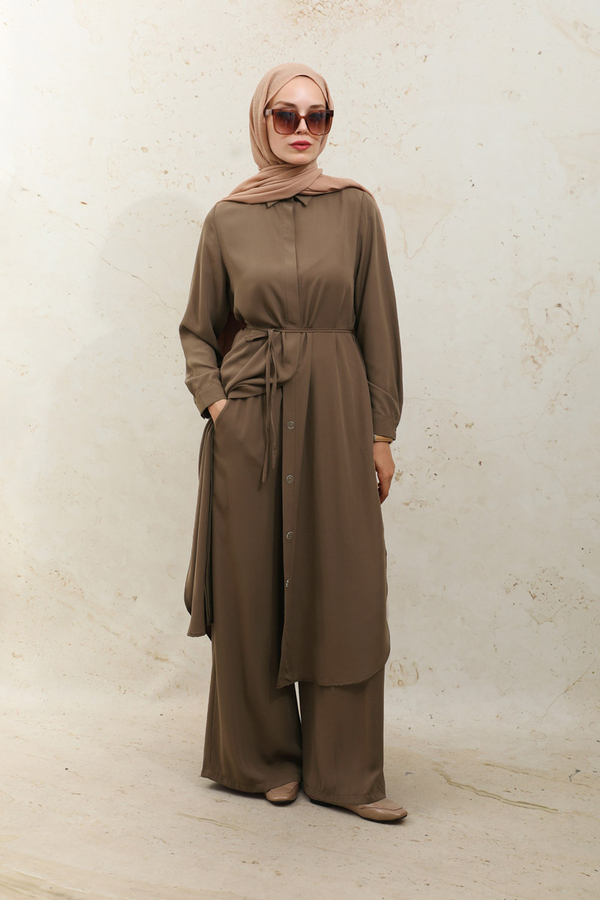 Medine İpeği Tunik Takım Kahverengi - 1