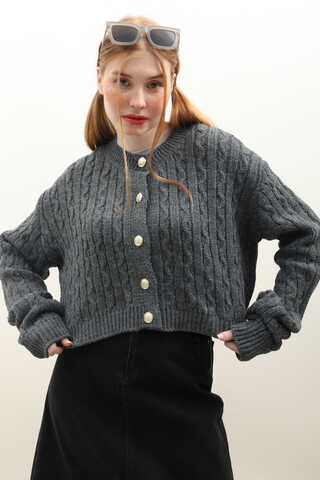 Gold Düğmeli Kısa Hırka Antrasit - 2